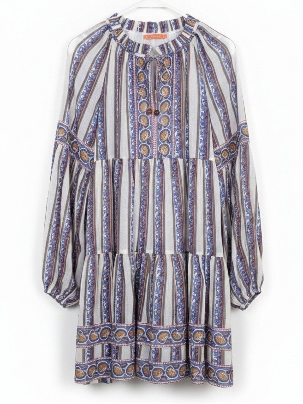 Oliphant Boho Tiered Stripe & Floral Short Tie Front Dress XL White Blue Gold